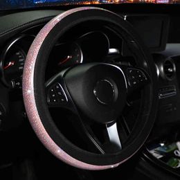 3738Mm Universal Car Steering Wheel Cover Pu Leather Rhinestone Imitation Diamond Wheel Case Car Interior Decor Car styling J220808