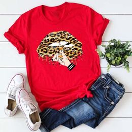 Maycaur T Shirt Women Fashion Leopard Lips Print Red T-shirt Tops Female Cute Graphic Short Sleeve Shirts Ladies Top