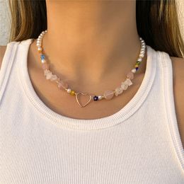 Sweet Pink Irregular Natural Stone Chain Necklace Women Girls Romantic Handmade Heart Pendant Choker Aesthetic Neck Jewelry
