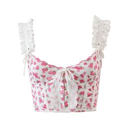 YENKYE Sexy Women White Lace Trim Sweet Floral Print Tank Top Ladies Summer Holiday Crop 220316