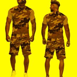 Men's Tracksuits Men's Short-Sleeved T-shirt Colour Suit 3D Printing Summer Breathable Casual Fashion Camouflage Clothing O-neck Two-Piec