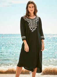 Casual Dresses Elegant Embroidered Long Caftan Plus Size O-neck Blue Midi Dress Summer Clothes Women Street Wear Maxi N1392Casual
