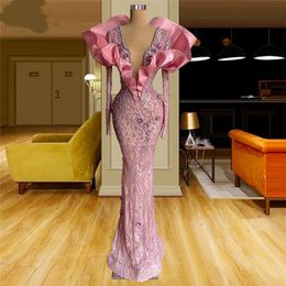 Pink Mermaid Prom Dresses Sexy Deep V Neck Long Sleeves Sequins Appliques Beads Diamonds Lace Hollow Satin Floor Length Plus Size Formal Party Gowns Custom Made