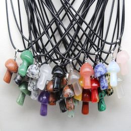Mini Mushroom Natural Stone Carving Pendant Reiki Healing Crystals Rose Quartz Rope Necklace For Women Jewelry MKI Wholesale