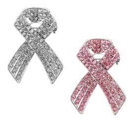 10 Pcs/Lot Custom Pink And Clear Crystal Rhinestone Brooches Ribbon Shape Breast Cancer Awareness Medical Pins