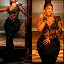Plus Size Black Girl Celebrity Evening Dresses Sequined Illusion Prom Dresses One Shoulder Sheer Jewel Neck Floor Length Party Women Formal Pageant Gowns
