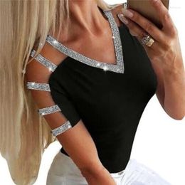 Women's T-Shirt Spring Summer Autumn Cute Short Sleeve T Shirt Women Solid Strappy Tee Casual Cold Shoulder Tops Phyl22