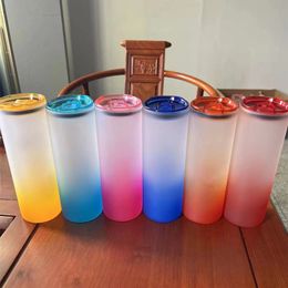 Small Pack 6pcs Sublimation Straight Gradient Glass Tumbler 25oz Frosted Drinking Bottle With Coloured Lid & Plastic Straw DIY Beer Mugs Coffee Cups US warehouse B6