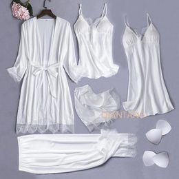 white wedding nightgown Australia - White Silk Pajamas Set Sleepwear Women 5pcs Bride Wedding Robe Nightgown Sexy Lace Chemise Kimono Bathrobe Gown Lingerie