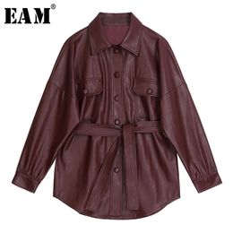 New Autumn Winter Lapel Long Sleeve Wine Red Pu Leather Belt Loose Big Size Jacket Women Coat Fashion T200212