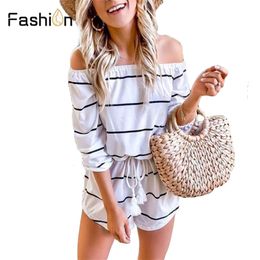 Wide Leg Belted Striped Romper Women Long Sleeve Rompers for Women Off Shoulder Playsuit Summer Jumpsuit Preppy Casual Bodysuit T200113