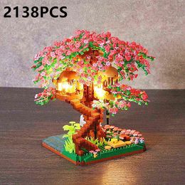 Light Sakura Tree House Model Constructor Micro Building Blocks DIY City Cherry Street View Bricks Christmas Toys for Girls MOC G220524