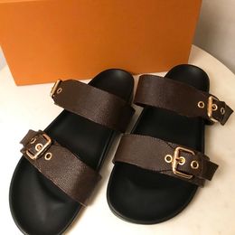 Luxury Designer Sandals Ladies Brown Flower Leather Slide Cool Gold Buckles Sandal Women Summer Slippers With Box 35-45