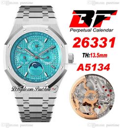BFF 41mm Perpetual Calendar A5134 Automatic Mens Watch Moon Phase Turquoise blue Texture Dial Stcik Stainless Steel Bracelet Super UAE Edition Puretime 3P9