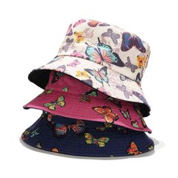 Beach Cap Cotton Bucket Hats Women Butterfly Print Sunscreen Panama Hat Sunbonnet Outdoor Double Side Unisex Fisherman Hat G220418