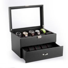 Watch Boxes & Cases Double Layer Carbon Fibre Leather Black Colour Glass Top Box Organiser For Women Men