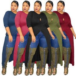 Plus Size Dresses Fashion Sexy Ladies Summer Solid Colour Cutout Dress Nightclub Party Long Sleeve Slit Top WomenPlus