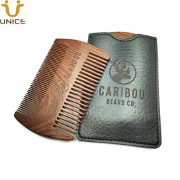 MOQ 100 OEM Customised LOGO Wood Hair Combs with Leather Case Dual Action Black Gold Sandalwood Double Sided Fine & Coarse Teeth for Beard Mustache