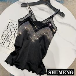 Ins Supre Fire Autumn Women's Drilling Shoulder Strap Mesh Stitching Sexy Mercerized Cotton Camisole Women Tube Top 210401