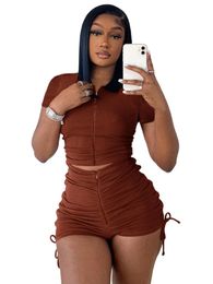 Women's Tracksuits Szkzk Black Brown Two Piece Ruched Set Sexy Short Tops And Shorts Women High Waist Drawstring Club Wear Outfits Bodycon S