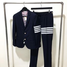 Men's Suits & Blazers Classic Style Men's Striped White Four-Road Red Blue Ribbon Suit Wedding Business Casual SuitMen's