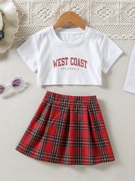 Toddler Girls Letter Graphic Tee With Tartan Skirt SHE