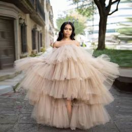 Sexy Ruffles Champagne Tulle Kimono Women Prom Dresses Robe for Photoshoot Puffy Strapless High Low Evening Gowns African Maternity Dress Photography