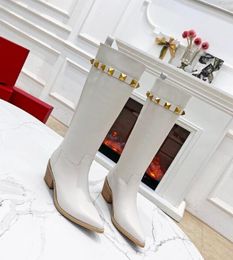 Luxury Designer Womens High Chunky Knight Boots Low Heel Pointed Toe Rivets Sexy Sock Style Overknee Winter Fashion knee Long Boots