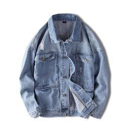 Men's Jackets Men&#39;s Retro Beggar Hole Embroidered Blue Denim Jacket Fashion Casual Loose Hip-hop Coat Large Size XXLMen's