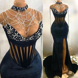 2022 Plus Size Arabic Aso Ebi Mermaid Beaded Crystals Prom Dresses Sheer Neck Evening Formal Party Second Reception Birthday Engagement Gowns Dress ZJ220