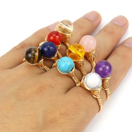 10mm Natural Stone Beads Gold Silver Plated Band Rings For Women Girl Fashion Party Club Handmade Decor Jewellery