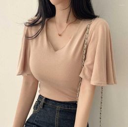 Women's T Shirts Simple Solid Temperament V Neck Flare Sleeve Shirt Short T-shirt Women Wild Top Black Tee White Knit Tshirt Ropa