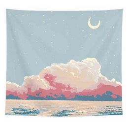 Home Decor Seascape Wall Hanging Cloth Romantic Moon Cloud Print Carpet Bedroom Living Room Background Tapiz J220804