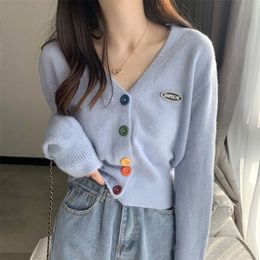 Women Short Cardigan Spring Autumn V Neck Long Seeve Fluffy Cardigan Sweater Ladies Button Up Korean Knitted Coat 201204