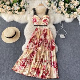 Work Dresses FTLZZ Summer Casual Female Floral Print Two Piece Set Lace Spaghetti Strap Strapless Crop Top And Mid-long Skirt