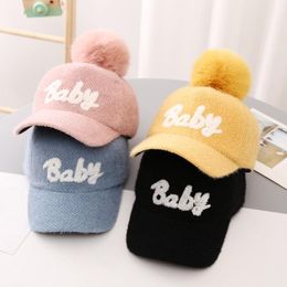 Caps & Hats Infant Plush Ball Hip-Hop Sun Hat For Baby Baseball Letters Pattern Cap Thermal With Adjustable Magic Tape HatCaps