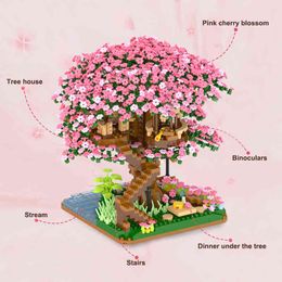 Mini Sakura Tree House Blocks Japanese Street View Cherry Blossom Model Building MOC House Tree Bricks Toys Gifts G220524