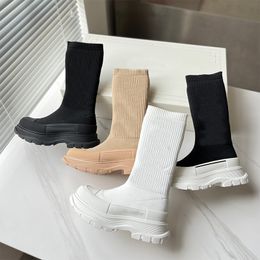 2022 Women Graffiti Knit Tread Slick Boot Designer Boots Fashion Black Boot Ribbed Knit Sock Upper High Top Sock Boots With Box NO386