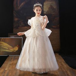 Girl's Dresses Elegant O-Neck Off The Shoulder Flower Girl Princess Ball Gown For Kids Puffy Sequin Tulle Birthday Party DressesGirl's