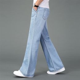 Ücretsiz erkek yaz ince hafif geniş bacak düz kot artı boyutu iş rahat flare pantolon siyah mavi 220328
