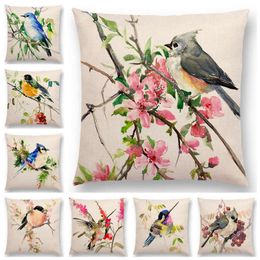 Pillow Case Watercolor Lovely Birds Cushion Cover Robin Tit Finch Hummingbird Goldfinch Sparrow Prints Pillow Case 220623