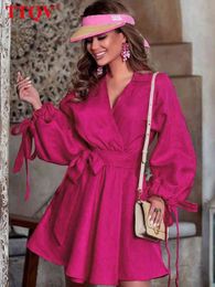TTQV Elegant Pink Lace-Up Women Dresses Autumn Lapel Long Sleeve Vacation Mini Dress Causal Loose Cotton Female Dress Pocket T220804