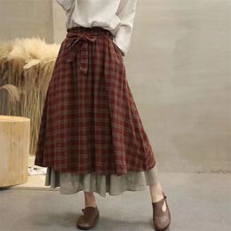 Vintage England plaid Elastic waist ALine bow belt layers skirt mori girl June new arrival 201110