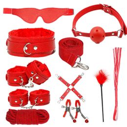 Nxy Sm Bondage Sm Set Leather Training Sexy Props Plush Handcuffs Footcuff Adult and Discipline Bed Sex Toy 220426