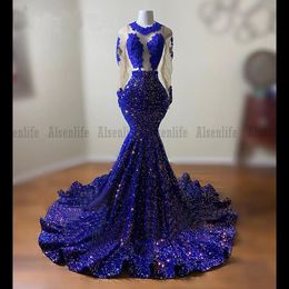 Blue Seuqins Mermiad Prom Dresses 2022 For Black Girls Party Gowns Backless Gala Evening Dress Robe De Soiree