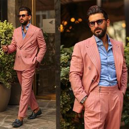 Men's Suits & Blazers Orange Pinstripe Tailor-Made 2 Pieces Blazer Pants High Quality Wedding Business Groom Double Breasted Tailored Busine