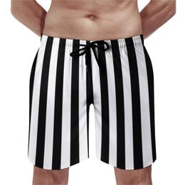 Men's Shorts Vintage Striped Print Board Black White Vertical Stripes Beach Short Pants Elastic Waist Cute Printed Swimming TrunksMen's