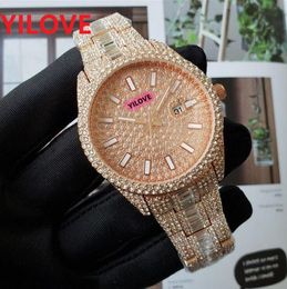 On Sale Mens Full Shinning Diamonds Watch 42mm Rose Gold Calendar Bracelet Table Quartz Movement montre Top Waterproof Gift Party Watches Wristwatch Clock