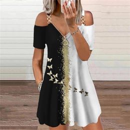 Butterflies 3D Print Elegant Fashion Dres s Clothing Summer Zipper V Neck Off Shoulder Casual Mini Dresses Oversized 220402