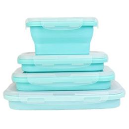 4 Piece Set Blue Food Grade Silicone Lunch Box Folding EcoFriendly Container Bento Collapsible Portable Mic Y200429
